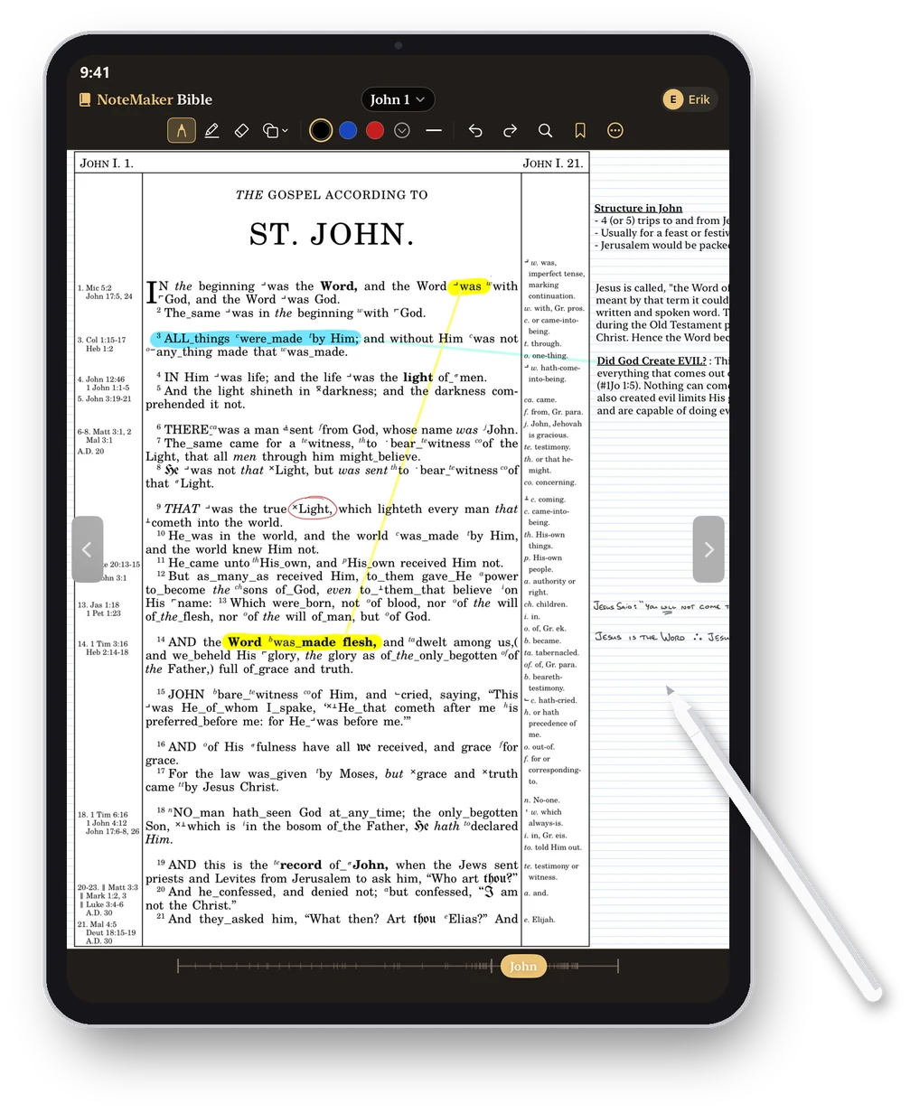 NoteMaker Bible on an iPad: John 1 with Newberry's notes and signs, highlights, and typed and handwritten notes in the margin, with an Apple Pencil